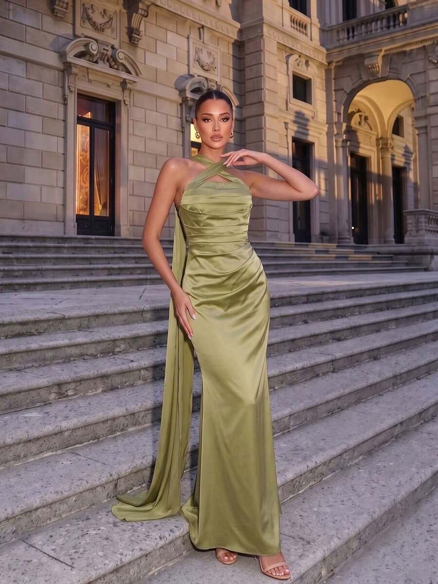 CHOSMO Elegant Green Women's Formal Backless Solid Color Dress For Homecoming - Light Green - View 1
