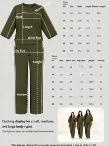 Spring/Autumn Plus Size Women's New Round Neck 3/4 Sleeve T-Shirt & Casual Daily Elastic Waist Loose Long Pants 2-Piece Set, Visual Concealing Elegant - Army Green - View 6