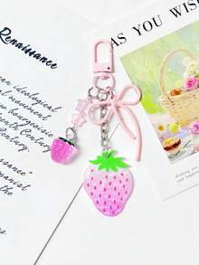 Pink Gradient Acrylic Strawberry Keychain, Pink Rope Knot Bow Pendant, Girly Star Bead Charm, Cute Bag Accessory, Small Gift For Best Friend - Pink - View 3