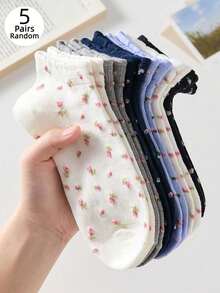 5 Pasang Kaos Kaki Pendek Wanita, Kaos Kaki Pendek Motif Bunga Kecil, Sederhana dan Nyaman, Cocok untuk Semua Musim - MultiWarna - View 4