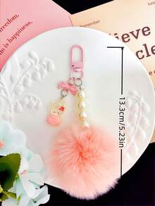 Pink Plush Ball Rabbit Pearl Keychain, Featuring Cute Rabbit, Pearl Chain And Fluffy Pom Pom, Soft And Sweet, Girly Style, Suitable As Car Key Ring, Bag Pendant And Backpack Decoration, Also Perfect For Birthday And Holiday Gifts, Adding A Gentle And Healing Cute Touch To Daily Outfits - Pink - View 4