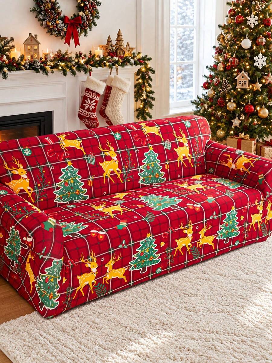 1pc Christmas Print Sofa Cover (Includes 1 Pillow Case) Red Christmas ...