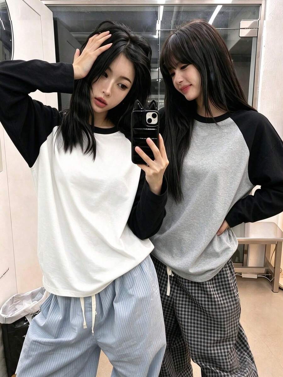 2pcs/Set Spring/Autumn/Winter New Y2K Women's Round Neck Contrast Color Raglan Long Sleeve T-Shirt Gen Z - Off-white - View 1