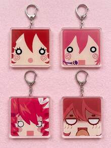 1pc/4pcs Cute Aesthetic Acrylic Keychains, Minimalist Face Close-Up Series Including Classic Red Hair Pink Blush Surprised Face, Pink Hair With Microphone Dazed Cute Face, Double Drill Curly Hair Blank Expression And Red Hair Shadow Face Awkward/Sweating Expression Square Pattern Pendant, Backpack And Car Key Accessories, Exquisite Collection, Suitable For All Seasons - Multicolor - View 1