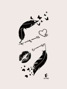 1pc Black Feather Lip Print Heart English Pattern Party Gift Holiday Gift DIY Music Festival Temporary Tattoo Sticker For Arm Shoulder Neck Collarbone Waterproof Body Skin Tattoo - Black - View 6