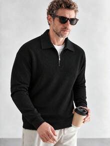 Men's Textured Knit Polo Sweater With Half Zip And Turn-Down Collar, Black Long Sleeve Casual Commuter Pullover Top, Autumn/Winter - Black - View 4