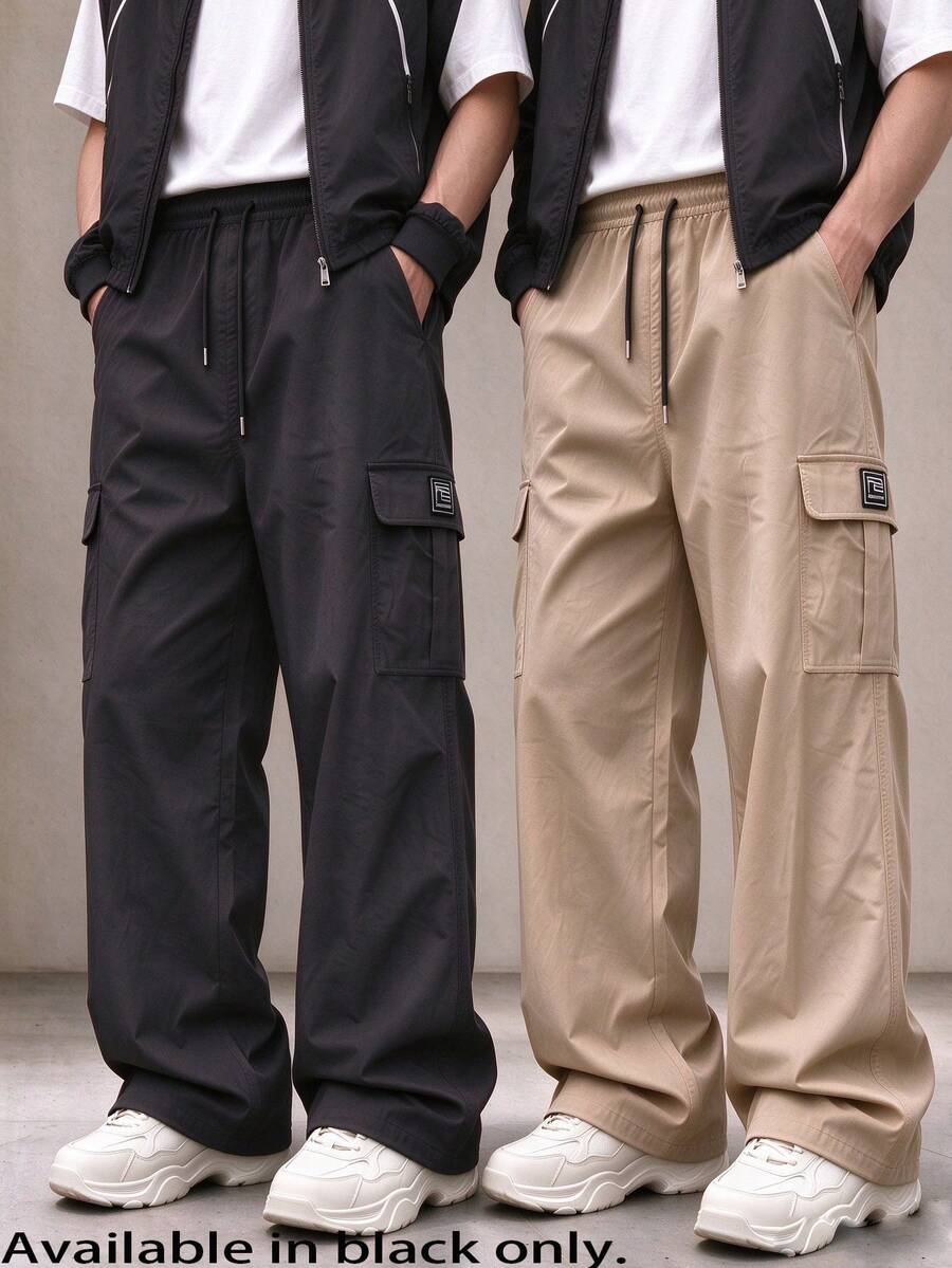 Men's Cargo Pants, Black Outdoor Loose Fit Sports Pants, Straight Leg Wide Leg Long Pants, Drawstring Waist Multi-Pocket Casual Pants, Slimming Versatile Daily Commute - Black - View 1