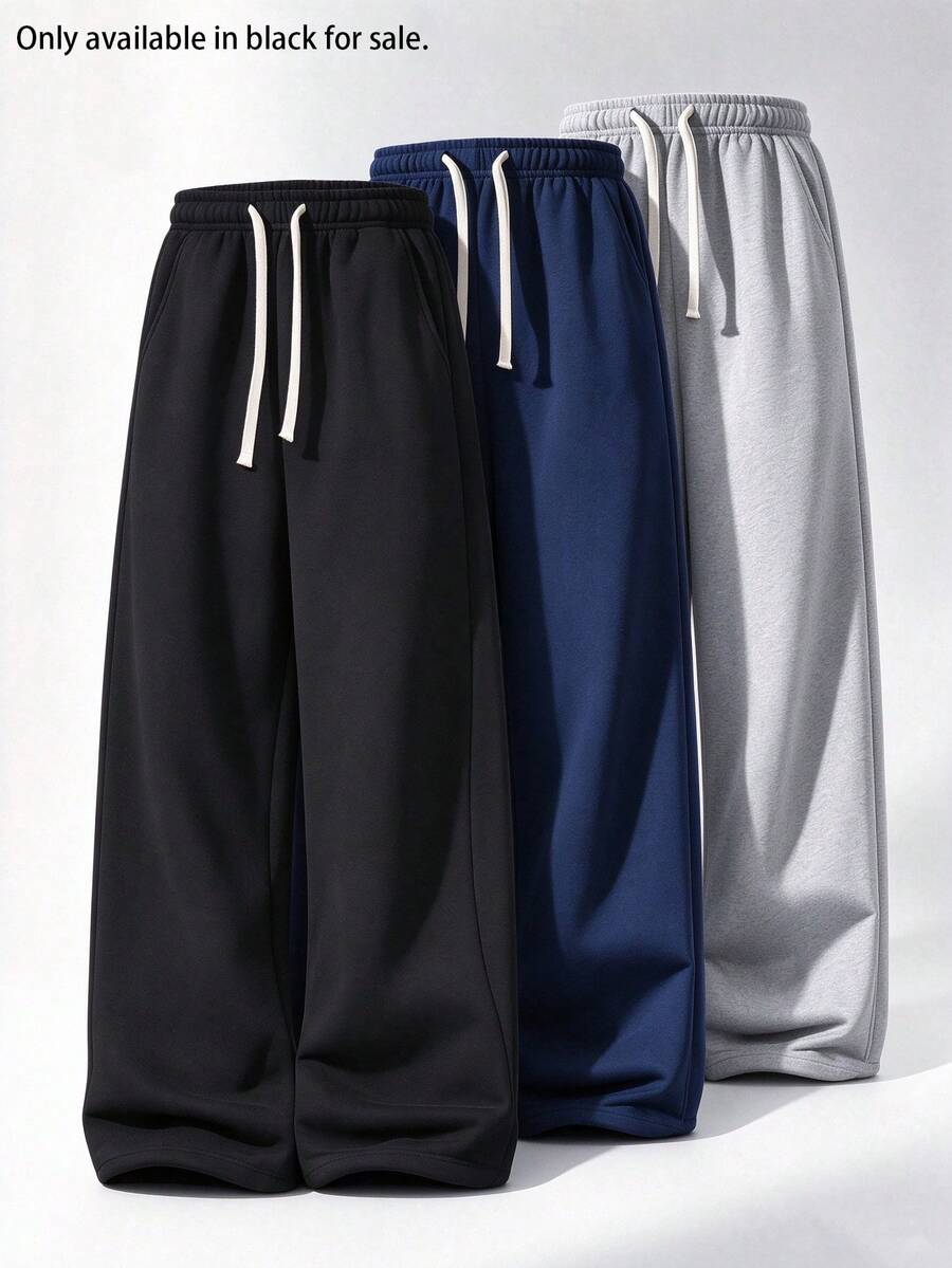 Men's Loose Fit Black Wide Leg Sweatpants, Relaxed Drape Slimming Casual Long Pants With Drawstring Design, Versatile For Daily Commute And Streetwear - Black - View 1