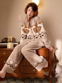 Gongdie Universal 2pcs Bob Tim Women's Fleece Pajama Set, Winter Brown Fair Isle Pattern Thick Plush Loungewear - Brown - View 1