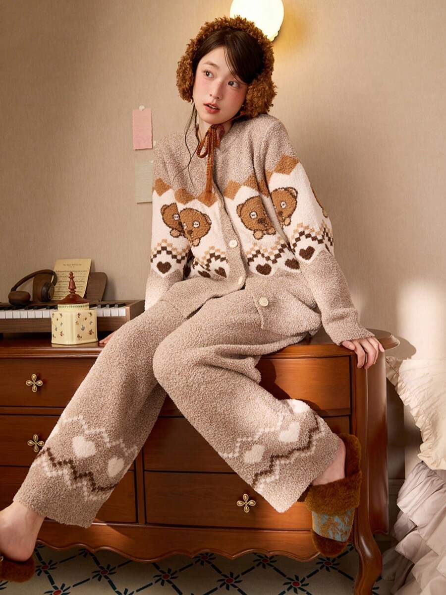 Gongdie Universal 2pcs Bob Tim Women's Fleece Pajama Set, Winter Brown Fair Isle Pattern Thick Plush Loungewear - Brown - View 1