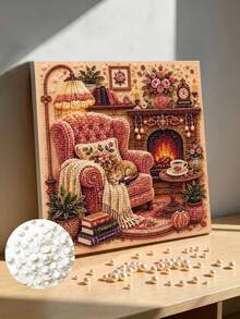 Thanksgiving Cozy Fireplace Room Pearl Art DIY Kit With Frame, Beaded Mosaic Wall Decor - A - View 1