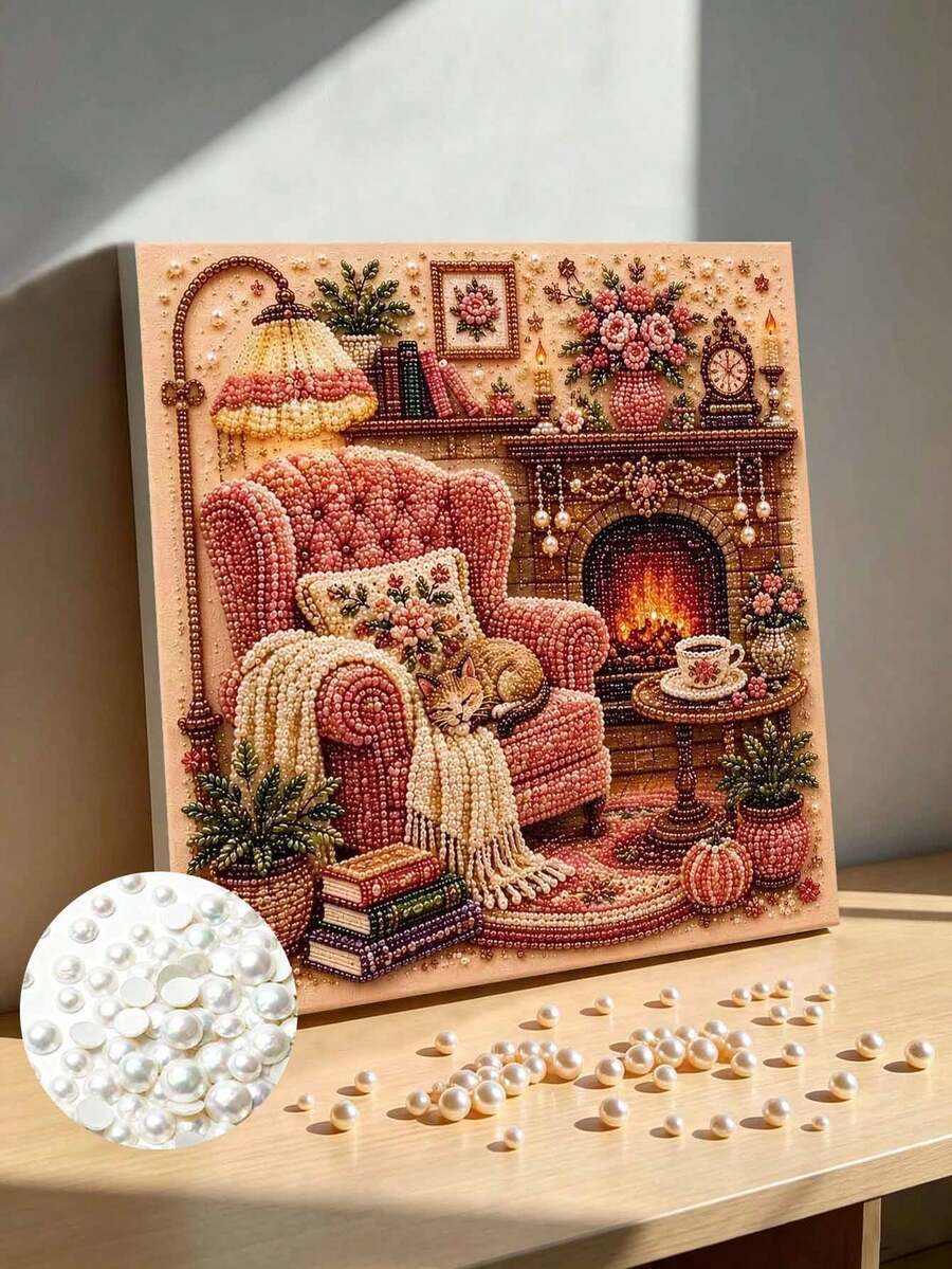 Thanksgiving Cozy Fireplace Room Pearl Art DIY Kit With Frame, Beaded Mosaic Wall Decor - A - View 1