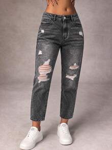 Women's Plus Size Vintage Denim Jeans, Cropped Length, Elastic Waistband With Pockets, Non-Stretch Floral Design, Suitable For Autumn Grunge Style - Black - View 3
