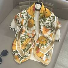 1 buah Syal Persegi Besar Motif Bunga Emas Vintage, Syal Kepala Tekstur Satin, Syal Sutra Dekoratif Serbaguna untuk Wanita, Selendang, Aksesori Pinggang, Multiguna - Kuning keemasan - View 6