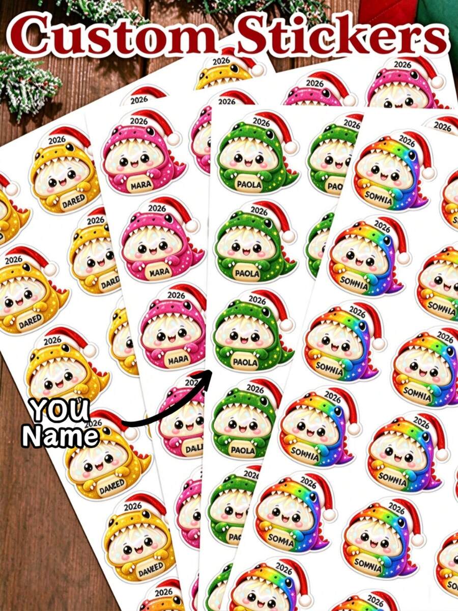 Custom Personalized Cute Dinosaur Christmas Stickers Personalized Name Christmas Hat Vinyl Stickers, Cartoon Stickers, Perfect For Decorating Small Gift Bags At Christmas Parties, Personalized Labels, Stick On Your Belongings, Can Customize Name Tags - Multicolor - View 1