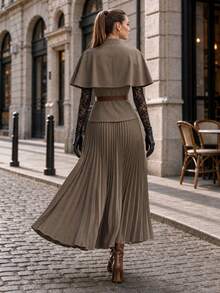 Women's Solid Color Cape Sleeve Single-Breasted Shirt And Pleated Skirt Elegant 2 Pieces Set - Army Green - View 2