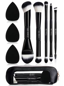 BS-MALL 9pcs Non-Shedding Portable Travel Makeup Brush Set With Puff And Makeup Bag, Dual-Ended Eyeshadow Brush, Blush Brush, Foundation Brush, Gift For Girlfriend - Black - View 1