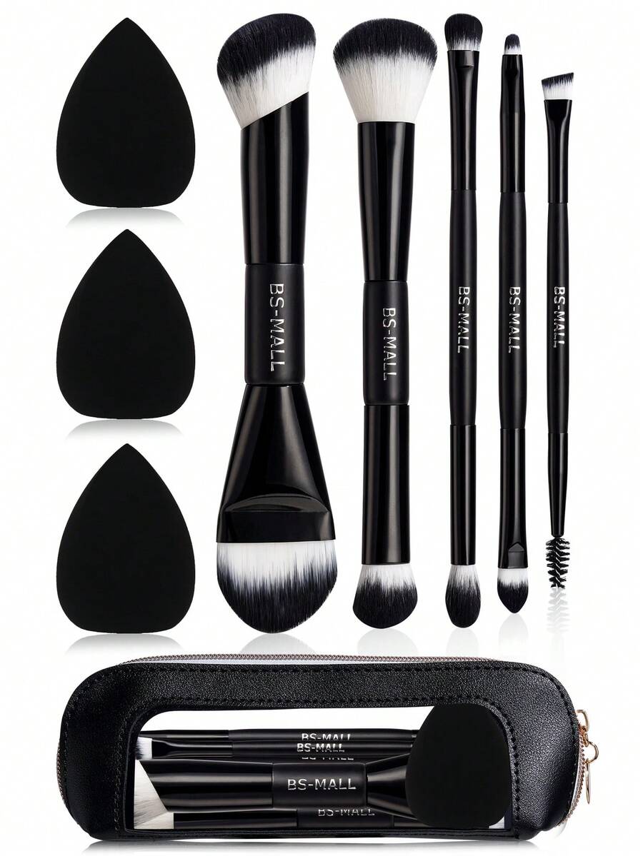BS-MALL 9pcs Non-Shedding Portable Travel Makeup Brush Set With Puff And Makeup Bag, Dual-Ended Eyeshadow Brush, Blush Brush, Foundation Brush, Gift For Girlfriend - Black - View 1