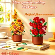 408/433pcs Red Rose & Sunflower Building Block Flower Pot, Everlasting Micro Particle Building Block Assembly Bouquet, ABS Resin Material, 2-In-1 Eternal Building Block Flower Bouquet. Realistic Floral Model Decor, Ins-Style Desktop Warm Healing Ornament, DIY Creative Assembly Model, Adult Stress Relief Toy. Suitable For Home Decor, Friends, Best Friend Thoughtful Gift - Multicolor - View 7