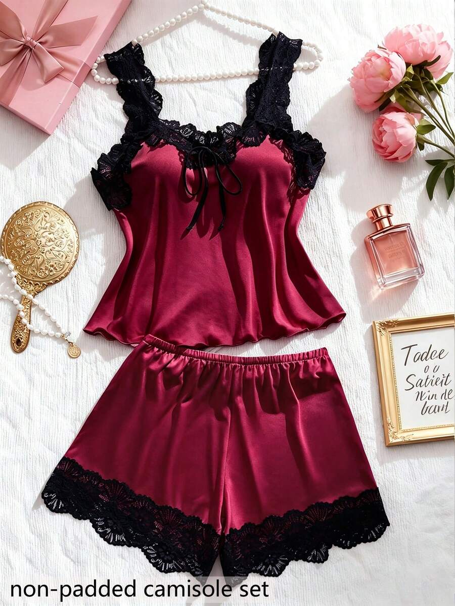 2pcs/Set New Colorblock Women's Sexy Lingerie Set, Lace Trim Ruffle Top + Lace Patchwork Panties, Comfortable Home Sleepwear Sexy Lingerie Set
