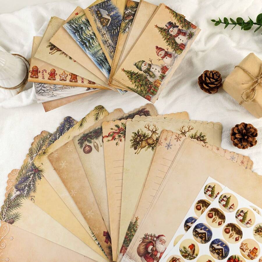 Vintage Christmas Stationery Paper & Envelope Set, Includes 60 Sheets Of Lined Letter Paper + 30 Envelopes + 40 Stickers, 10 Classic Christmas Designs - Suitable For Letters To Santa, Greeting Cards And DIY Holiday Crafts
