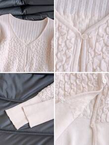 Soft Pink V-Neck Fitted Knit Sweater Women, Pleated Cable Knit Cardigan, Collegiate Style - وردي - مشاهدة 8