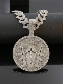 1pc European And American Hip Hop Round Badge Jesus Cross Rhinestone Pendant Necklace, Full Rhinestone Cuban Chain, Men's Street Style Fashion Accessory - pendant necklace - View 7