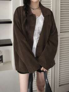 Vintage Suede Lapel Retro Workwear Long Sleeve Casual Jacket - Brown - View 7