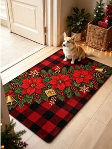 1pc Christmas Red & Black Plaid Poinsettia Plush Rug, Christmas Gift Decoration Carpet, Bedroom Decor, Small Rug, Carpet, Home Decor, Living Room Rug, Living Room Small Rug, Bedroom Carpet, Living Room Home Decor, Outdoor Rug, Washable Carpet - Multicolor - View 3