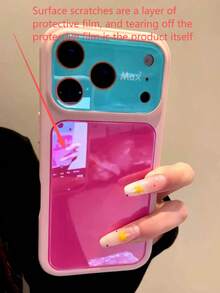 Korean Style Ins Minimalist Y2K Color Block Patchwork Large Window Design Phone Case Compatible With Iphone 17 Pro Max, Apple 15 Pro, 14, 13, 16 Pro, 18, 18 Pro Max, Premium Niche Creative Anti-Drop Protective Cover For Women - Hot Pink - View 2