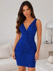 ChicMe Women's Sequin Twist Front Bodycon Dress, Deep V-Neck, Knee Length, Fitted Silhouette, Fashionable For Party, Cocktail, Office, Holiday - Blue - View 3