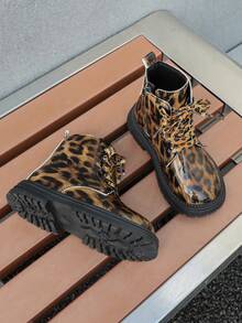 Kids Brown Leopard Print Shiny Boots, Vintage Wild Pattern Eye-Catching, Matching Pattern Lace-Up With Side Zipper, Easy To Put On And Take Off. Thick Non-Slip Sole, Stable And Durable, Effortlessly Create Street Style For Kids In Autumn And Winter. - Brown - View 3