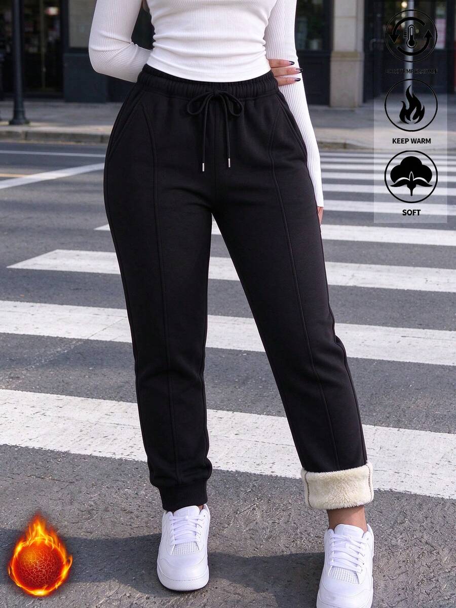 Women's Fleece Lined Joggers, Stitch Detail Drawstring Elastic Waist Sweatpants, Casual Loose Warm Winter Sports Pants - Black - View 1