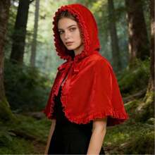 Christmas Red Hooded Short Cape With Red Ruffle Trim And Tie, Cosplay Stage Performance Photo Shoot Cloak - Multicolor - View 7