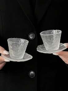 1pc Premium Glass Tea Cup And Saucer Set, Japanese Style Conical Tea Cup, Kung Fu Tea Cup, Personal Tea Cup, Host Cup, Transparent Frosted Cloud Mist Cup And Saucer - Multicolor - View 3
