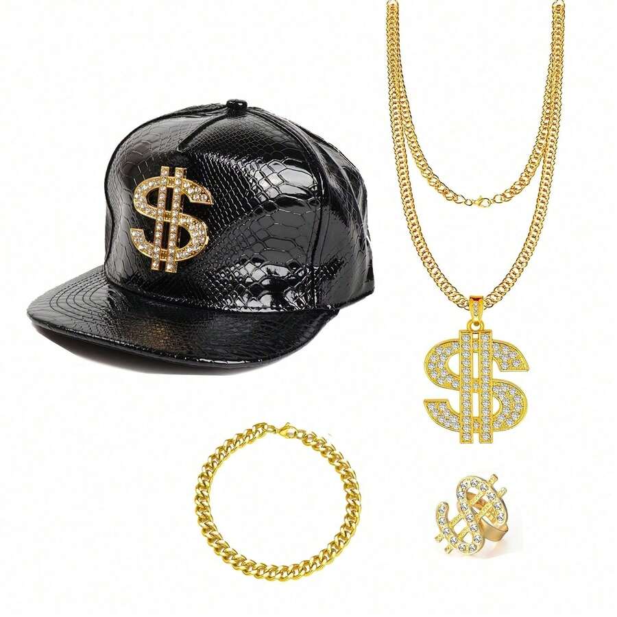 4 Sets Hip Hop Style Accessories - 80s/90s Rapper Style Outfit (Includes Bucket Hat, Dollar Sign Necklace, Gold Chain, Ring, Bracelet) - Vintage Hat & Hip Hop Cool Rock Style, Suitable For Halloween, Amusement Park, Retro Party, Accessory Matching, Fun Costume, Graduation Ceremony And More Occasions - Multicolored - View 1