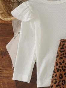 2pcs Set Baju Terusan Bayi Perempuan Lucu Gaya Mori Lengan Panjang Bergaris & Motif Leopard Corduroy, Tipis untuk Musim Semi/Gugur - Khaki - View 5