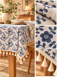1pc Blue Floral Tassel Tablecloth, Linen Texture Country Style Dining Tablecloth, French Pastoral Home Decor Tablecloth - Blue - View 7