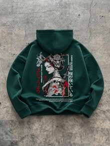 Krometka Men's Japanese Samurai Character Graphic Hoodie, Streetwear Loose Casual Pullover - Green - View 4
