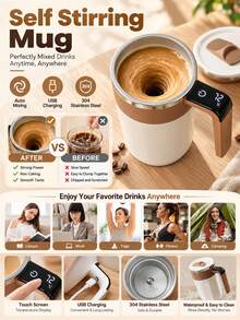 Car Cup Warmer & Cooler, Self-Stirring Coffee Mug With Fahrenheit Temperature Display, LED Digital Temperature Control, Rechargeable Stirring Cup With Lid, Automatic Self-Stirring, Suitable For Coffee, Milk And Other Beverages, Brown, Car Electronics - A - View 9