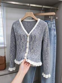 Cárdigan de punto acanalado con cuello en V para mujer, suéter de manga larga acampanada con ajuste ceñido y ribete festoneado - Gris - Ver 2