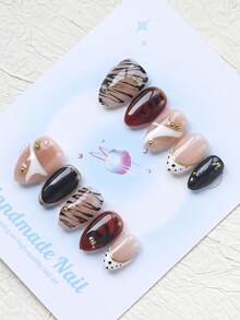 10PCS-Handmade Press On Nails, Short Almond Shape, Fake Nails, Fall Nails,Y2K Style, Sturdy, Reusable, Brown, Paired With French Style, 3D Design, Suitable For Autumn,Winter,Daily Wear, Parties, Vacations, And Also The Best Holiday Gift For Women. - Brown - View 3