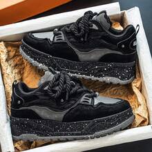 Fashionable Couple Vintage Skateboard Sneakers, Rubber Thick Sole, All-Season Wear, Low-Top Lace-Up - Black - View 8