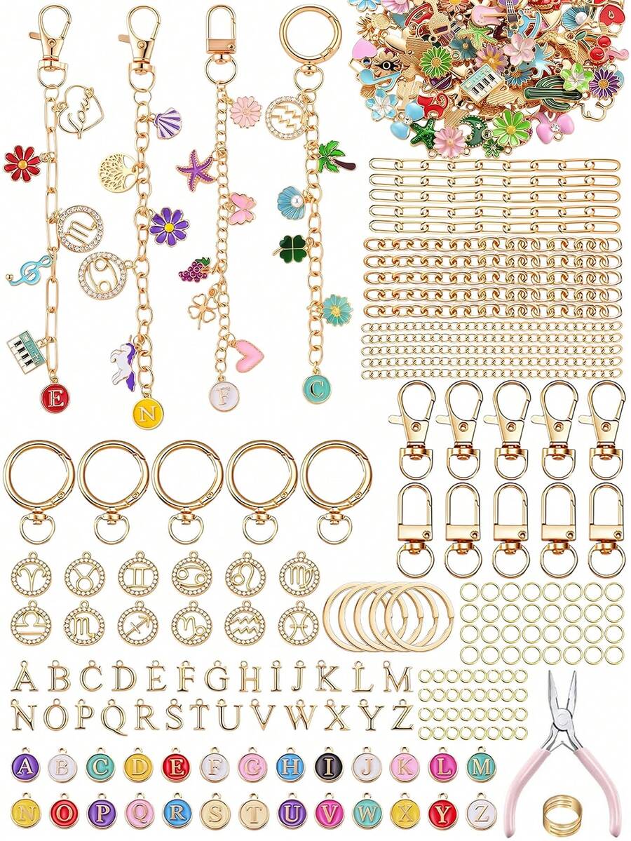 107/205/385pcs Gold Lip Gloss Keychain Making Kit, DIY Zodiac & Letter ...