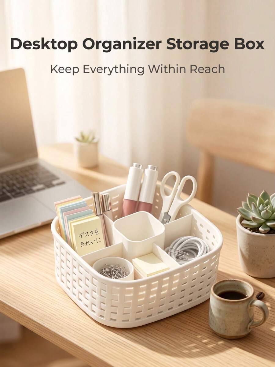 PP Faux Rattan Multi-Compartment Desktop Organizer, Plastic Divided Storage Basket, Makeup Brush Lipstick Cosmetic Storage Rack, Suitable For Bedroom Vanity And Office Desk Stationery Organizer - View 1