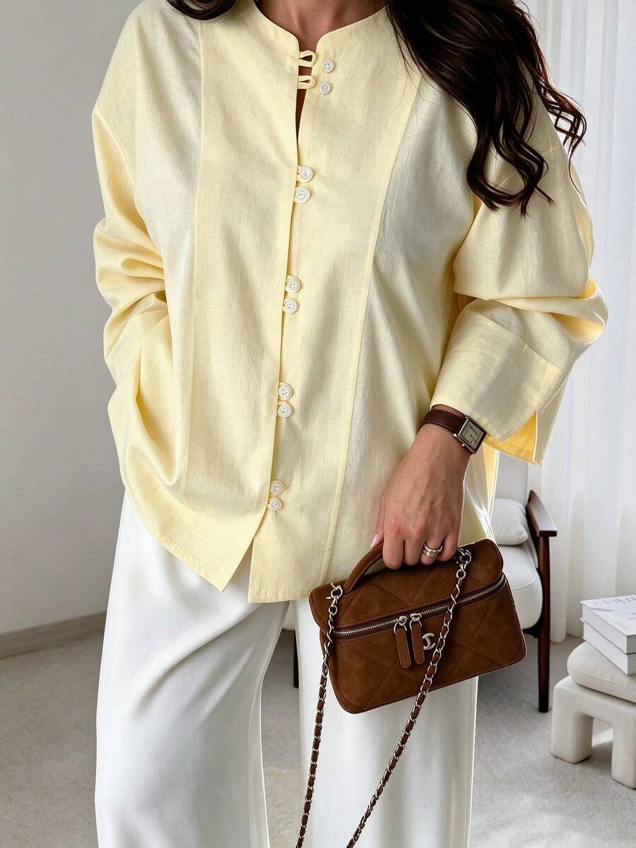 Women's Fashion Yellow Drop Shoulder Long Sleeve Stand Collar Blouse, Loose Fit Top For Spring And Autumn - Light Yellow - View 1