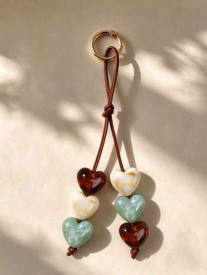 Colorful Heart-Shaped Beaded Keychain, Heart-Shaped Beaded Bag Charm, Acrylic Marble/Amber Beaded Heart Keychain Pendant, Suede Cord Tortoiseshell Pattern Heart Keychain, Handmade Heart-Shaped Beaded Handbag Tassel Wallet Charm, Heart-Shaped Beaded Jewelry Keychain Bag Accessory, Heart-Shaped Car Key Ring Accessory Lanyard, Suitable For Women's Bags, Metal Key Ring With Green Beads/Vintage Amber Beads, Cream White Beads, Aesthetic Accessory, Couple/Best Friend Bag Charm, Valentine's Day/Christmas Gift