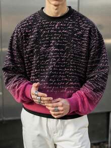 Krometka Men's Gradient Tie-Dye Crew Neck Sweatshirt, Full Print Handwritten English Manuscript Graphic Loose Fit Long Sleeve Top - Black - View 2