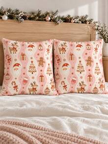 shangxia 2PCS--Pink Wavy Pattern Printed Christmas Pillow Covers, Santa Claus Reindeer Gingerbread Man Pattern Sofa Holiday Cushion Covers-- (Pillow Inserts Not Included) - Multicolor - View 7