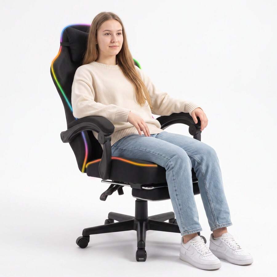 Swivel Gaming And Office Chair – Bucket-Style Seat With Footrest, Adjustable Backrest, Lumbar Pillow, And Headrest; Ergonomic Computer Chair For Gaming, Work, Study, And Relaxation (Supports Up To 140 Kg). - Black - View 1